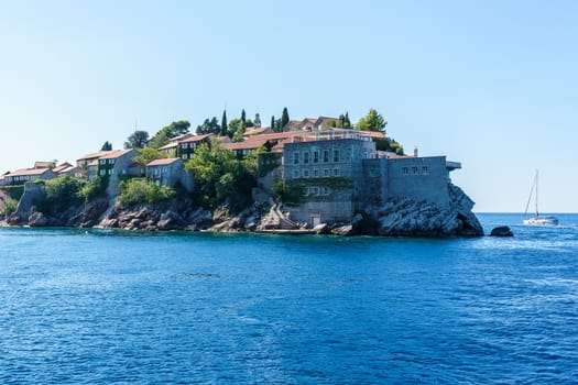 St. Stephen's island off the coast of Montenegro, view from the sea but with a background of water and sky