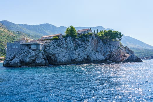 St. Stephen's island off the coast of Montenegro, view from the sea but with a background of water and sky