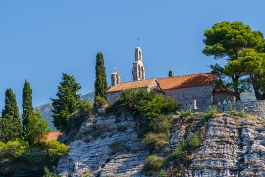 St. Stephen's island off the coast of Montenegro, view of the temple from the sea