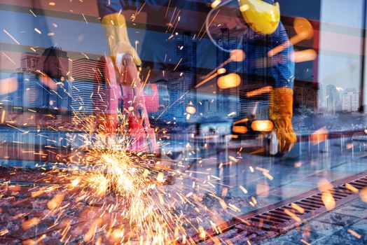 Double Exposure of Craftsman Welding is Cutting Steel Frame on City Background, Welder Man in Safety Protective Equipment Doing Metalwork in Construction Site. Engineering Skill Workshop Production