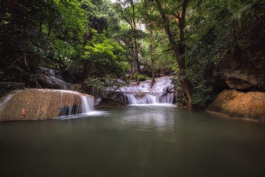 Beautiful Nature Scenic of Waterfall in Rainy Season Forest, Amazing Green Natural Landscape Scenery of Water Falls in Tropical. Paradise Fall With Emerald Pool in Jungle, Travel Place/ Outdoors