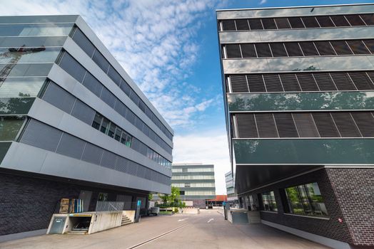 Modern Architecture and Contemporary Facade Building Design, Geometric Structure of Office Business Building, Cityscape of Urban Downtown District at Zurich, Switzerland.