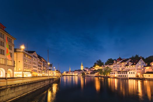 Cityscape of Zurich City and Illuminated Lights at Nightlife, Landscape Historic Old Town of Zurich, Switzerland. Panoramic View Medieval Architecture of Switzerland at Night. Travel Place Landmark