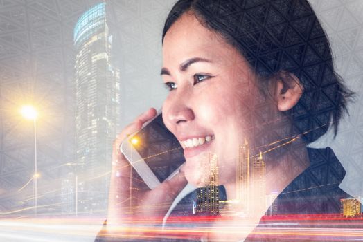 Telecommunication and Communication 5G Network Concept, Double Exposure of Business Woman is Using Smart Phone for Calling Communicated and City Urban Background. Innovative 5G Networking Mobile Phone