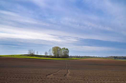 Vehicle tracks through a freshly ploughed agricultural field with rich brown fertile earth ready for planting the spring crop