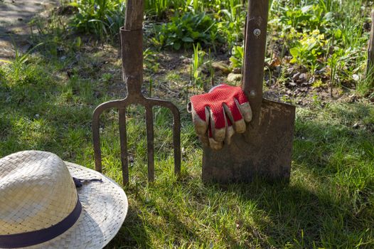 Garden forks and spade or shovel, red gloves and straw sunhat on a green lawn in a concept of spring gardening