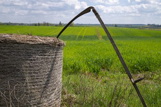 Scythe resting up against freshly harvested hay in a lush green farm field in spring in an agricultural landscape