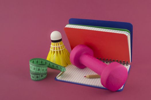 Sport weight loss and fitness concept with a shuttlecock, dumbbell weight and tape measure alongside an open notebook with pen on a bright pink background