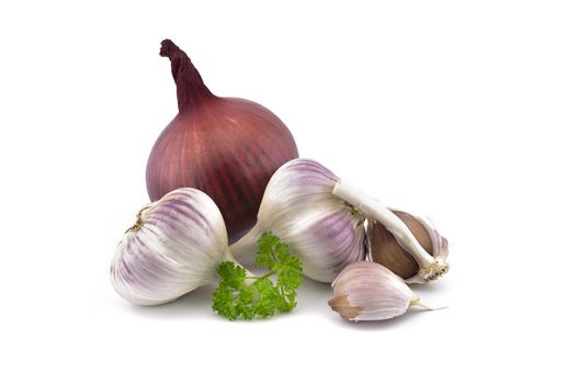 Garlic bulbs and cloves, green parsley twig and red onion isolated on white background