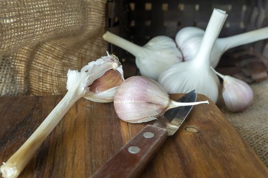 Garlic cloves and bulbs in close-up on sack cloth with kitchen knife and wooden cutting board
