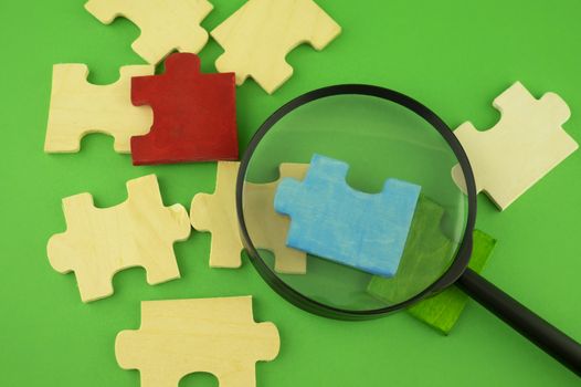 Selection of jigsaw puzzle pieces with magnifying glass on a green background with copy space conceptual of a search, teamwork and problem solving