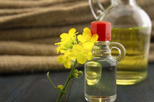 Small sprig of vivid yellow rapeseed flowers with decanter of oil alongside hessian sack fabric with copy space