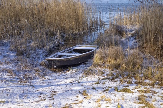 Old fishing boat among the reeds on the bank of a frozen river in winter, waiting on its time. Waiting for season concept