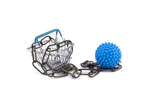 Virus pandemic and trade restriction concept with empty shopping basket wound round a metal chain and blue virus molecule model isolated on white background