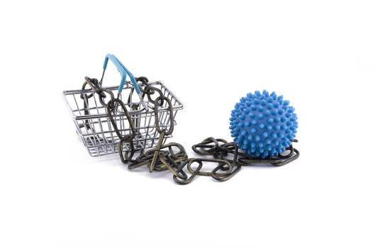 Virus pandemic and trade restriction concept with empty shopping basket wound round a metal chain and blue virus molecule model isolated on white background