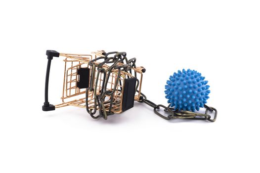 Virus pandemic and trade restriction concept with empty shopping trolley wound round a metal chain and blue virus molecule model isolated on white background