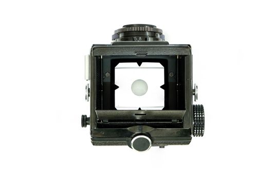 Top View of Twin Lens Reflex Camera or TLR Film Camera Isolate on White Background with White Background on Focus Screen