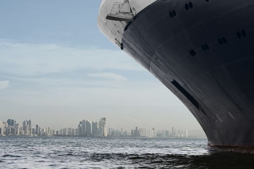 Panama City Skyline. Large Cruise Ship Entering Panama City