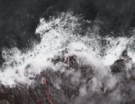 Kilauea Lava Enters The Ocean Expanding Coastline. Kilauea Volcano, Hawaii