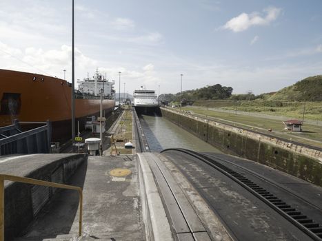  Cargo Ship And A Cruise Ship At Miraflores Locks, Panama Canal, Panama