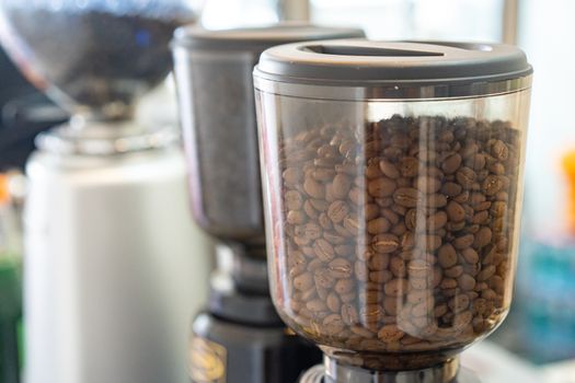 Coffee beans in electric coffee grinder.