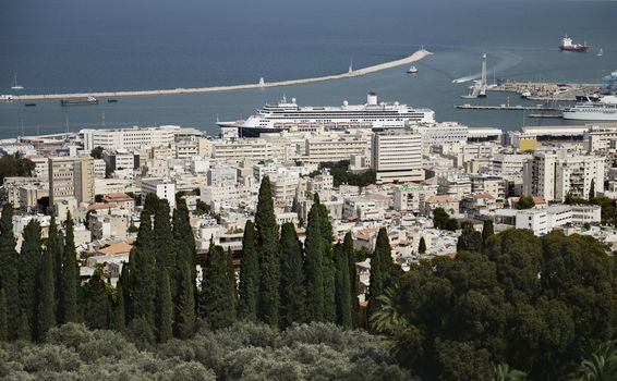 Panoramic view from Bahai Gardens to cityscape and port in Haifa, Israel