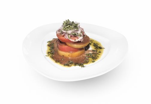 Sliced Tomato Appetizer Plate With Basil, Onion, Olive Oil And Balsamic Syrup