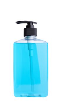 Blue bottle of sanitizer or liquid soap for hand hygiene to protect from corona virus isolated over white background with clipping path