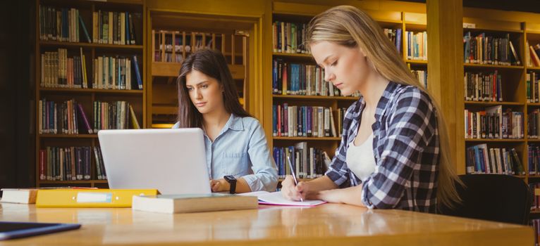 Attractive students working in library at university 