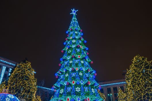 Lighted Christmas tree in night city park in 2015.