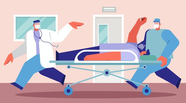 Emergency case for Coronavirus critical patient on stretcher concept, doctor with medical team riding bed with critical pneumonia patient to emergency room with extra treatment, flat vector design.