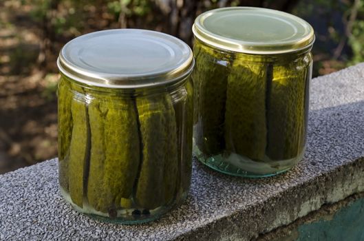 Ready made can of sterilized green cucumbers in a jar, Sofia, Bulgaria