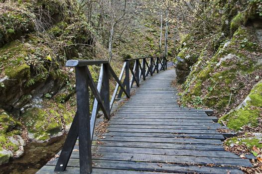 Autumn walk through the labyrinth of the Teteven Balkan with high peaks, river and bridge, Stara Planina, Bulgaria