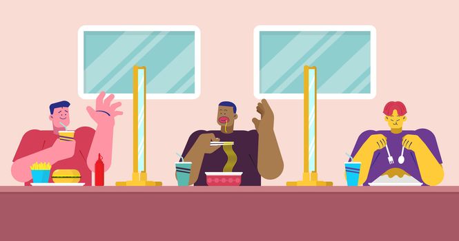 New normal after COVID-19 pandemic in restaurant, street food or canteen social distancing concept sitting separated eating food with table shield plastic partition to protect infection, flat vector.