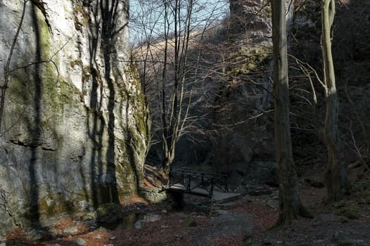 Autumn walk through the maze of Teteven Balkan with high peaks, river, bridge and mossy steep cliff, Stara Planina, Bulgaria