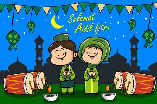 Selamat hari raya aidil fitri greeting card in flat style illustration with moslem couple character with traditional malay.
