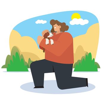 A woman hugs and playing the dog with love. Flat style. Vector illustration.
