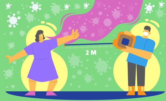 Social distancing, keep distance in public society people to protect from COVID-19 coronavirus outbreak spreading concept, with 2 meters of meeting space.