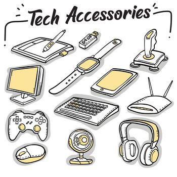Hand drawn doodle icons set. Computer equipment and modern technology for entertainment.
