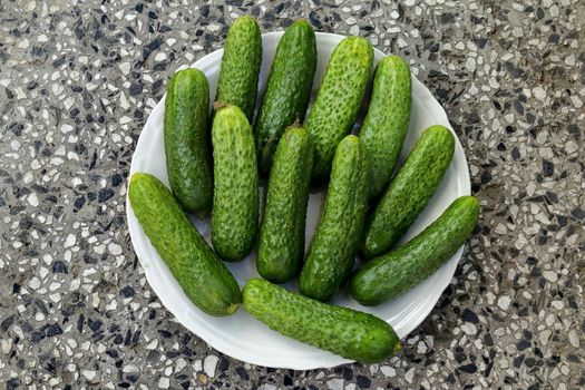 A stack of several fresh green cucumber gherkins in a plate, Sofia, Bulgaria