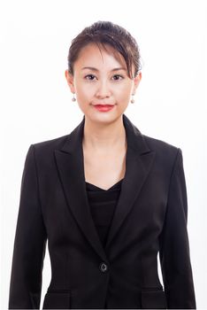 Asian American businesswoman looking at camera on white background