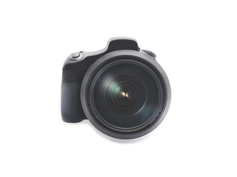 professional digital photo camera with huge wide angle lens isolated on white