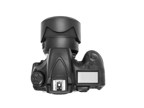 professional digital photo camera with huge wide angle lens isolated on white