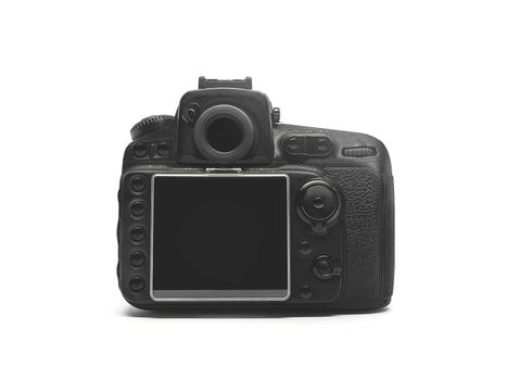 Rear view of a black digital camera on a white background.