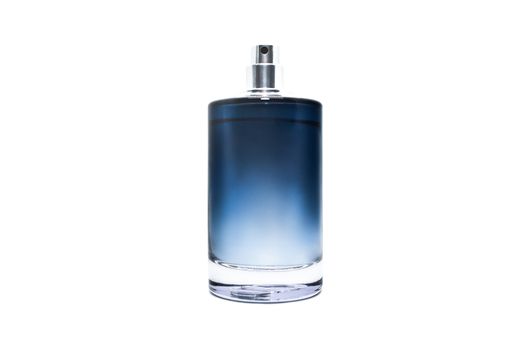 Perfume bottle full of blue liquid isolated on white background. Fragrance for man