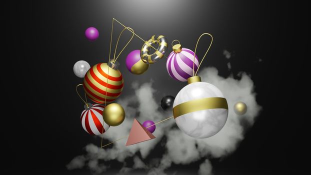 Christmas ornaments floating in space area for xmas/ christmas holiday season time. Floating x-mas bauble with ornament in 3D illustration or 3D rendering