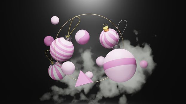 Christmas ornaments floating in space area for xmas/ christmas holiday season time. Floating x-mas bauble with ornament in 3D illustration or 3D rendering