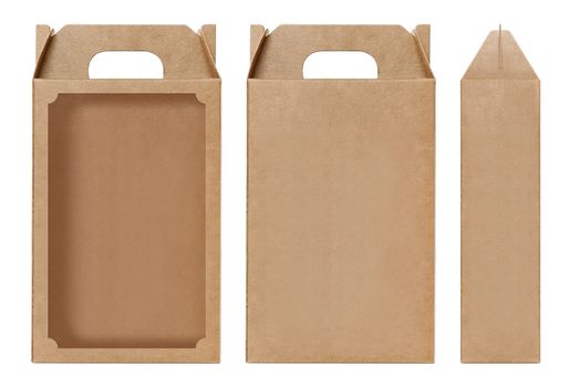 Box brown window shape cut out Packaging template, Empty kraft Box Cardboard isolated white background, Boxes Paper kraft natural material, Gift Box Brown Paper from Industrial Packaging carton