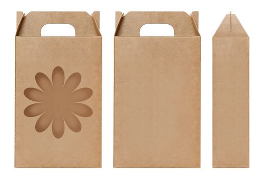 Box brown window Flower shape cut out Packaging template, Empty kraft Box Cardboard isolated white background, Boxes Paper kraft natural material, Gift Box Brown Paper from Industrial Packaging carton