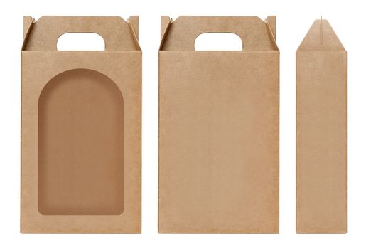 Box brown window shape cut out Packaging template, Empty kraft Box Cardboard isolated white background, Boxes Paper kraft natural material, Gift Box Brown Paper from Industrial Packaging carton